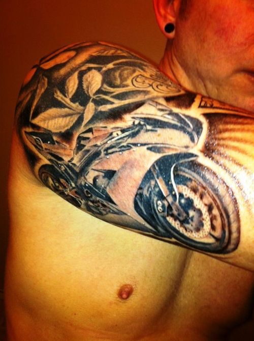 Motorcycle Tattoo On Man Right Shoulder
