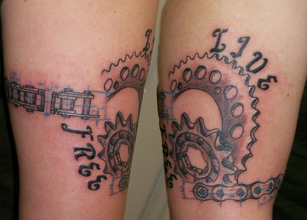 Motorcycle Chain Sprocket Tattoo On Bicep