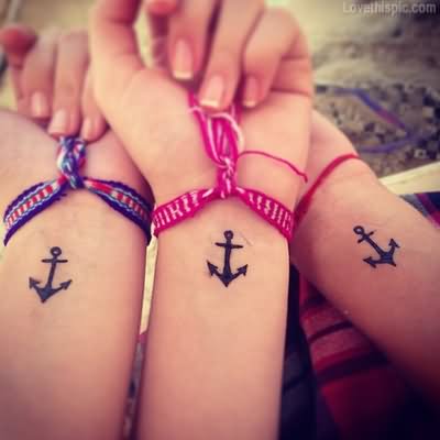 Nice Black Ink Friendship Anchor Tattoos On Wrists For Girls