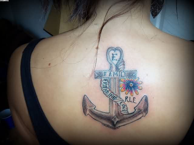 Nice Friendship Anchor Tattoo On Girl Upper Back