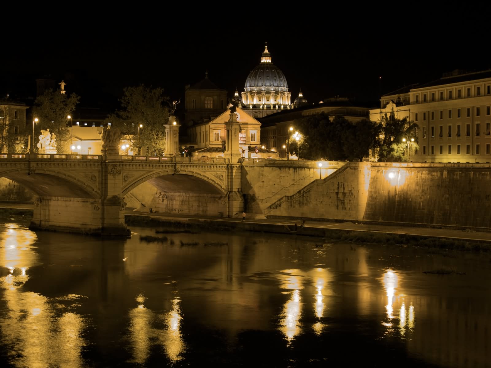 Night View of Tiber River and St. Peter's Basilica