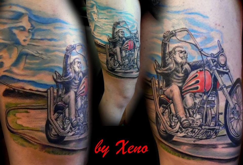 Old Biker Motorcycle Tattoo On Leg by Xeno Tattoo Ink