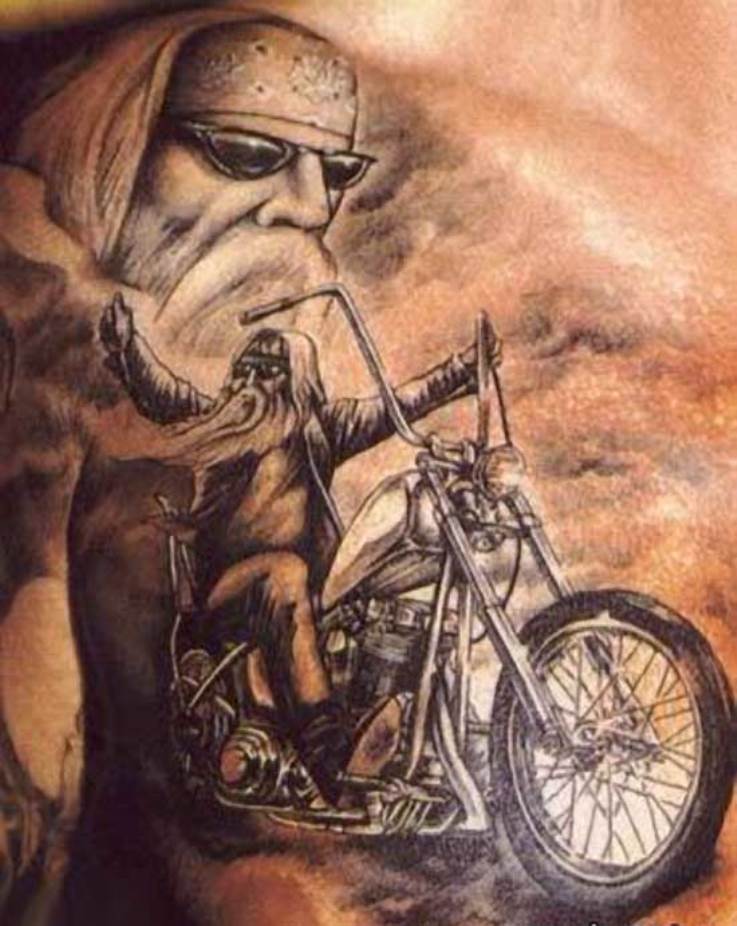 Old Biker Riding Motorcycle Tattoo On Back