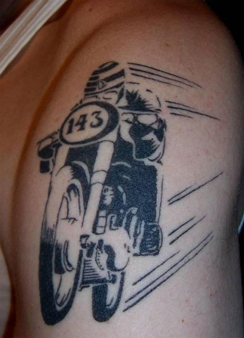 Old Ducati Motorbike Tattoo On Left Shoulder