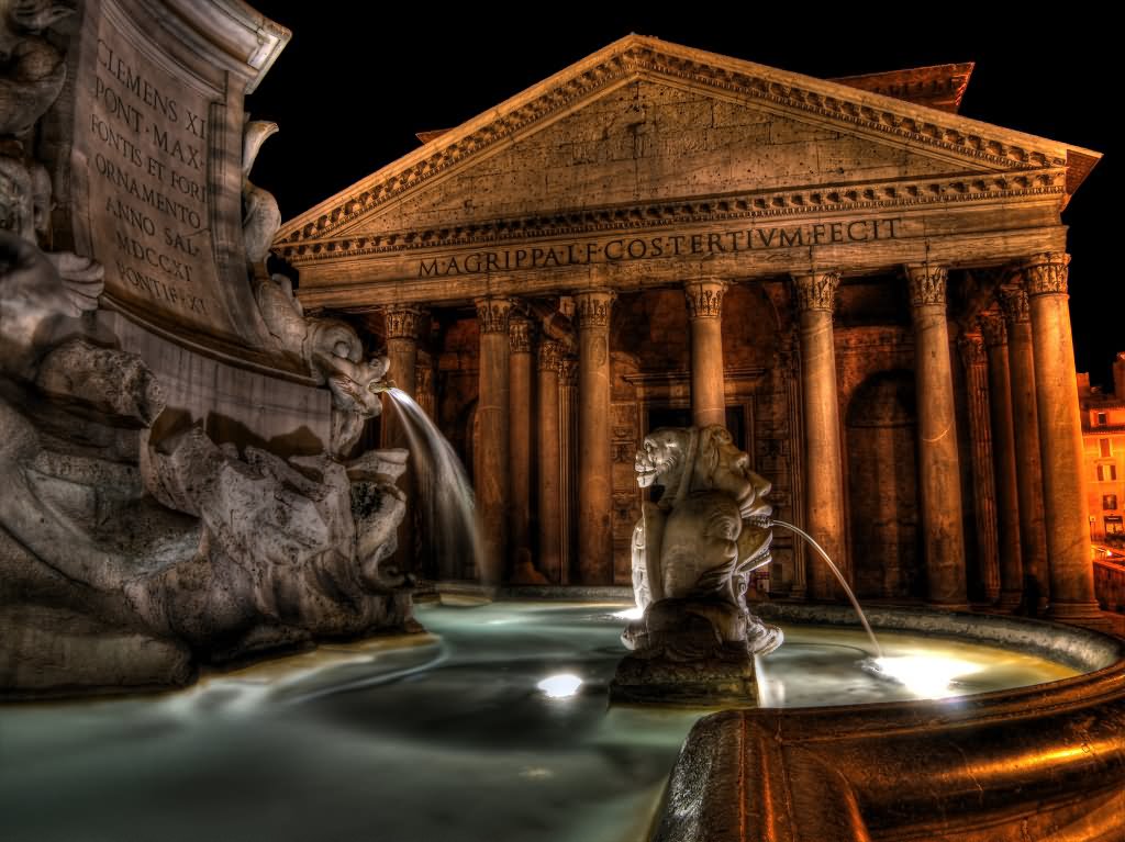 Pantheon View From Fountain At Night