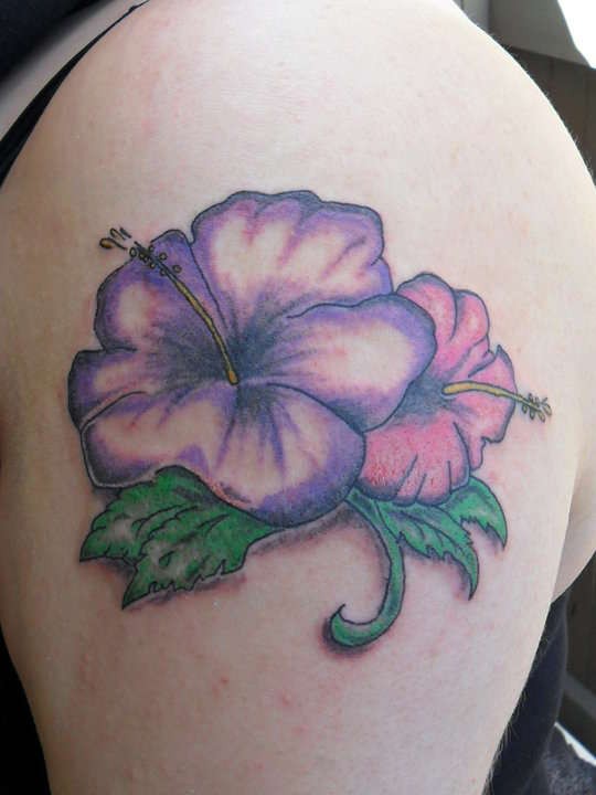 Pink And Purple Hawaiian Flower Tattoo Design For Shoulder