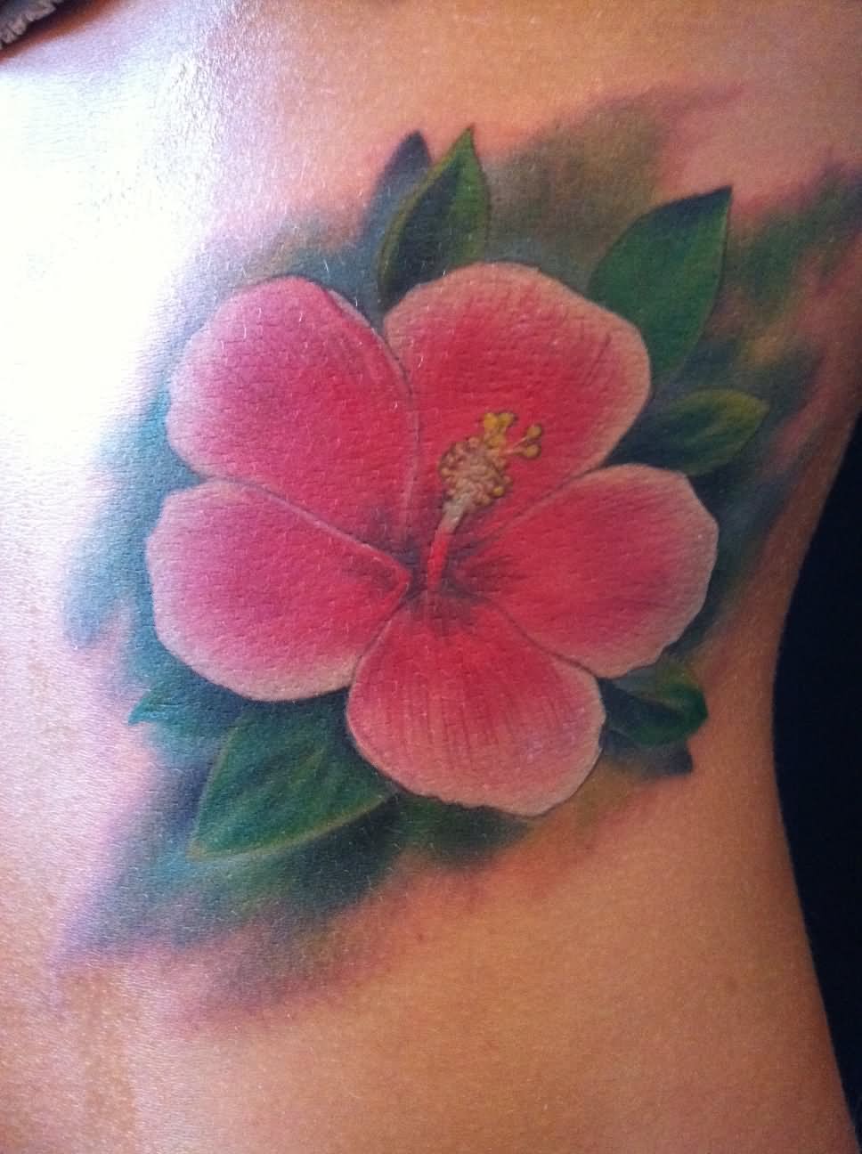 Pink Hawaiian Flower Tattoo Design For Side Rib