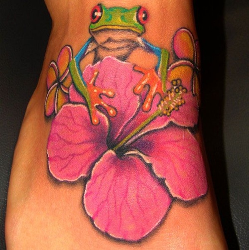 Pink Hawaiian Flower With Frog Tattoo Design