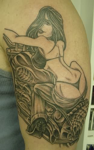 Pinup Girl On Motorbike Tattoo On Left Shoulder