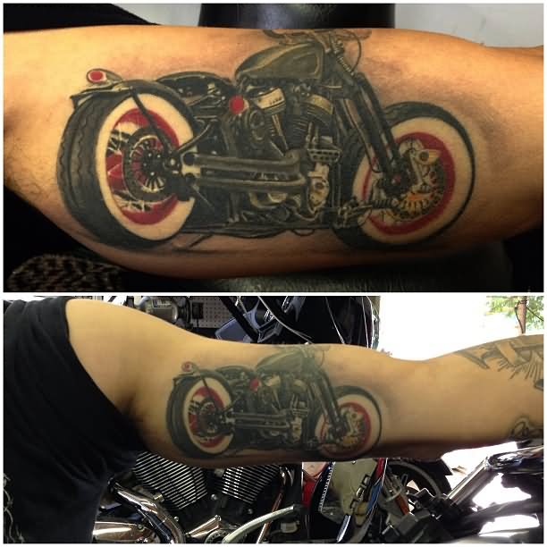 Realistic Color Motorcycle Tattoo On Muscles