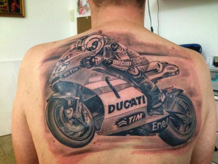 Realistic Grey Ducati Motorcycle Tattoo On Man Upper Back