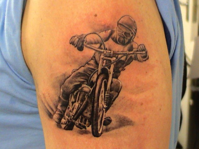 Realistic Grey Motorcycle Tattoo On Left Shoulder