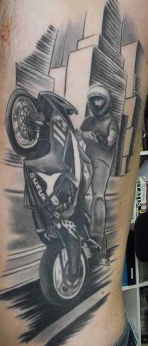 Realistic Grey Motorcycle Tattoo On Man Side Rib