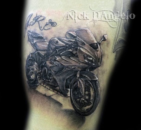 Realistic Grey Motorcycle Tattoo On Sleeve