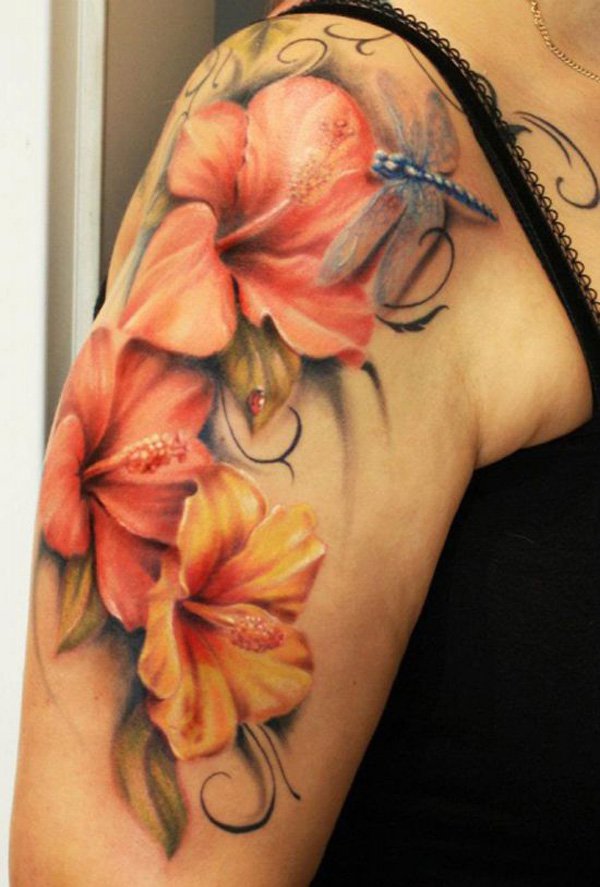 Realistic Hawaiian Flowers With Dragonfly Tattoo Design For Shoulder