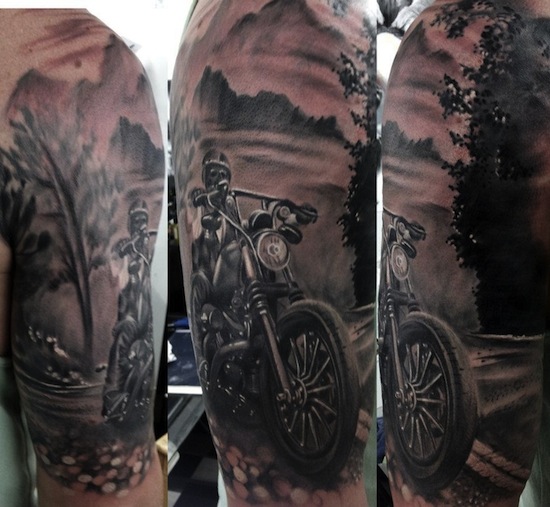 Realistic Motorbike Tattoo On Half Sleeve by Matt Jordan