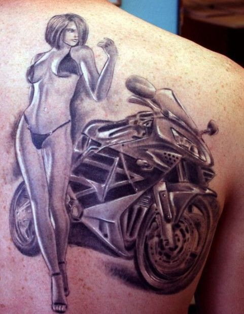 Realistic Motorcycle Tattoo On Man Right Back Shoulder