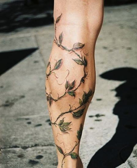 Realistic Vine Leaves Tattoo Design For Leg