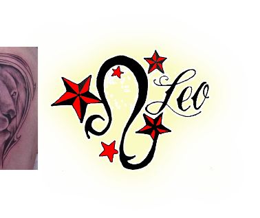 Red And Black Leo Symbol With Nautical Stars Tattoo Design