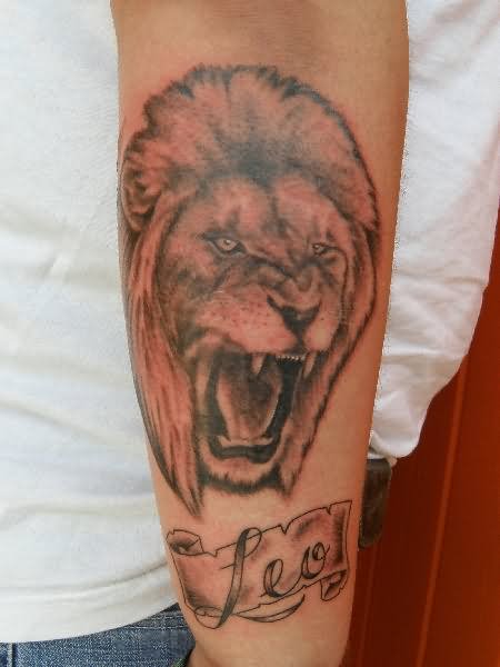 Roaring Lion Head With Leo Banner Tattoo Design For Sleeve By Dan kollmer