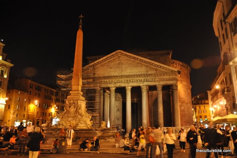 Rome's Pantheon And Fontana del Pantheon At Night