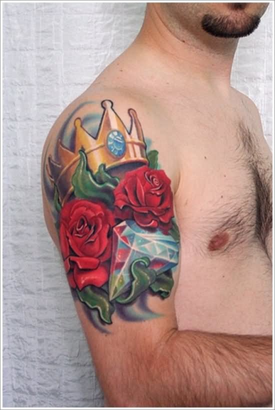 Rose Vine With Diamond And Crown Tattoo On Man Right Half Sleeve