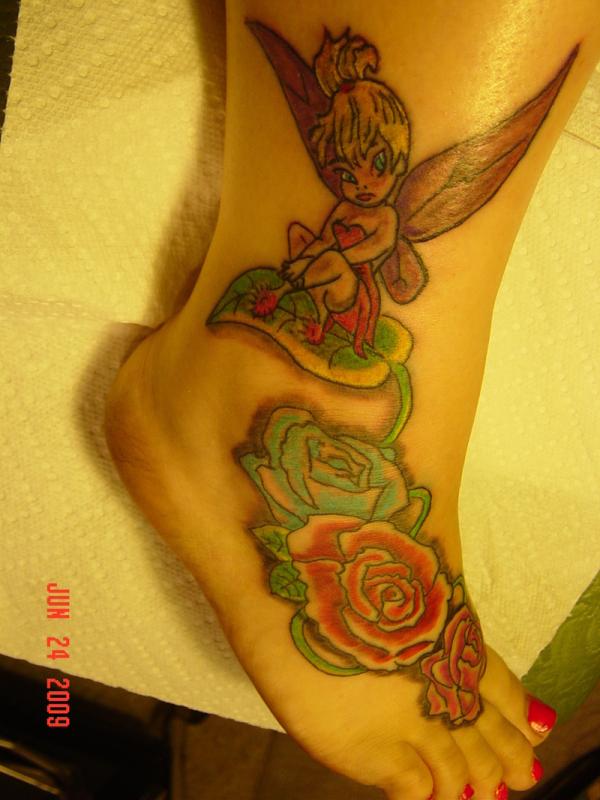 Roses With Tinkerbell Tattoo On Girl Foot