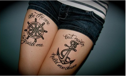 Sailor Wheel And Friendship Anchor Tattoos On Thigh