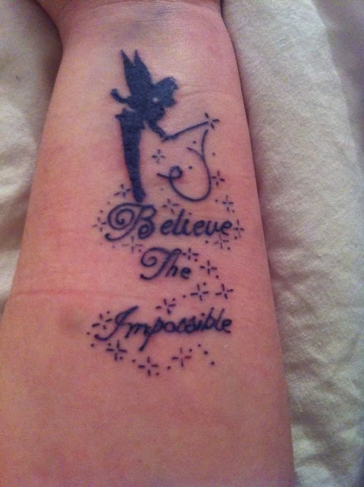 Silhouette Tinkerbell With Quote Tattoo Design For Arm