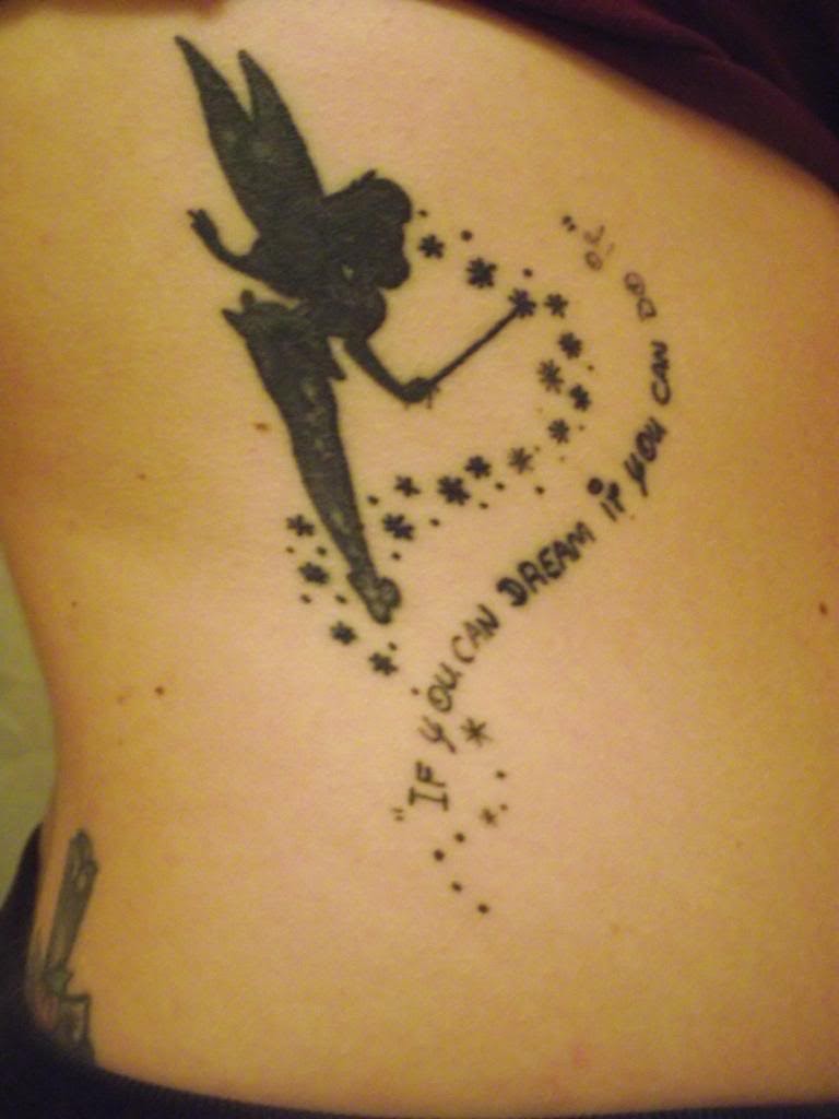 Silhouette Tinkerbell With Stars Tattoo Design For Side Rib