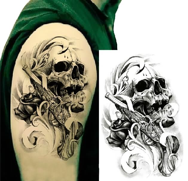 Skull With Rose Vine Tattoo On Man Right Shoulder