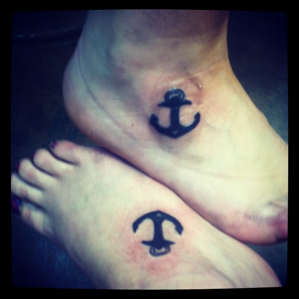 Small Black Anchor Friendship Tattoos On Feet
