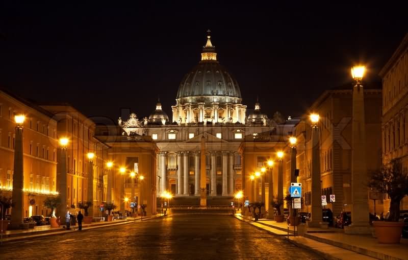St. Peter's Basilica And Street At Night