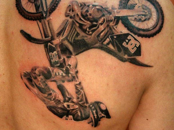 Stunting Motorcycle Tattoo On Right Back Shoulder