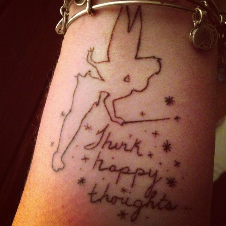 Think Happy Thought - Black Outline Tinkerbell Tattoo Design For Arm
