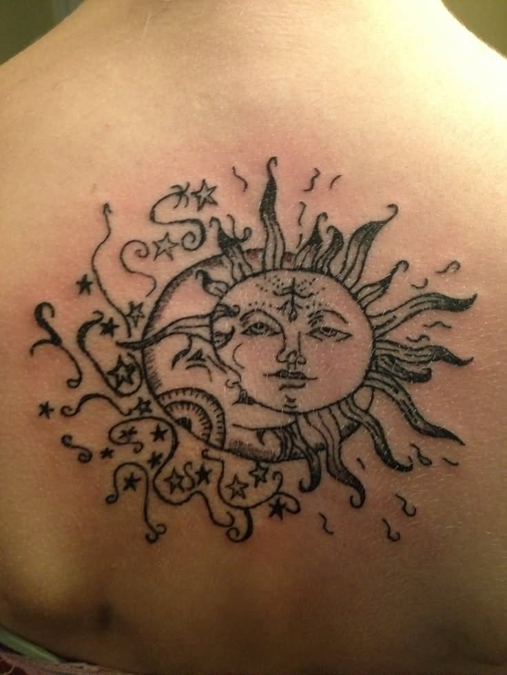 Unique Hippie Sun And Half Moon Tattoo On Upper Back