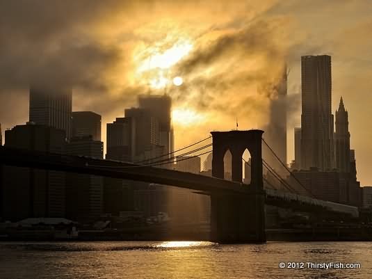 Very Beautiful Sunset View Of The Brooklyn Bridge