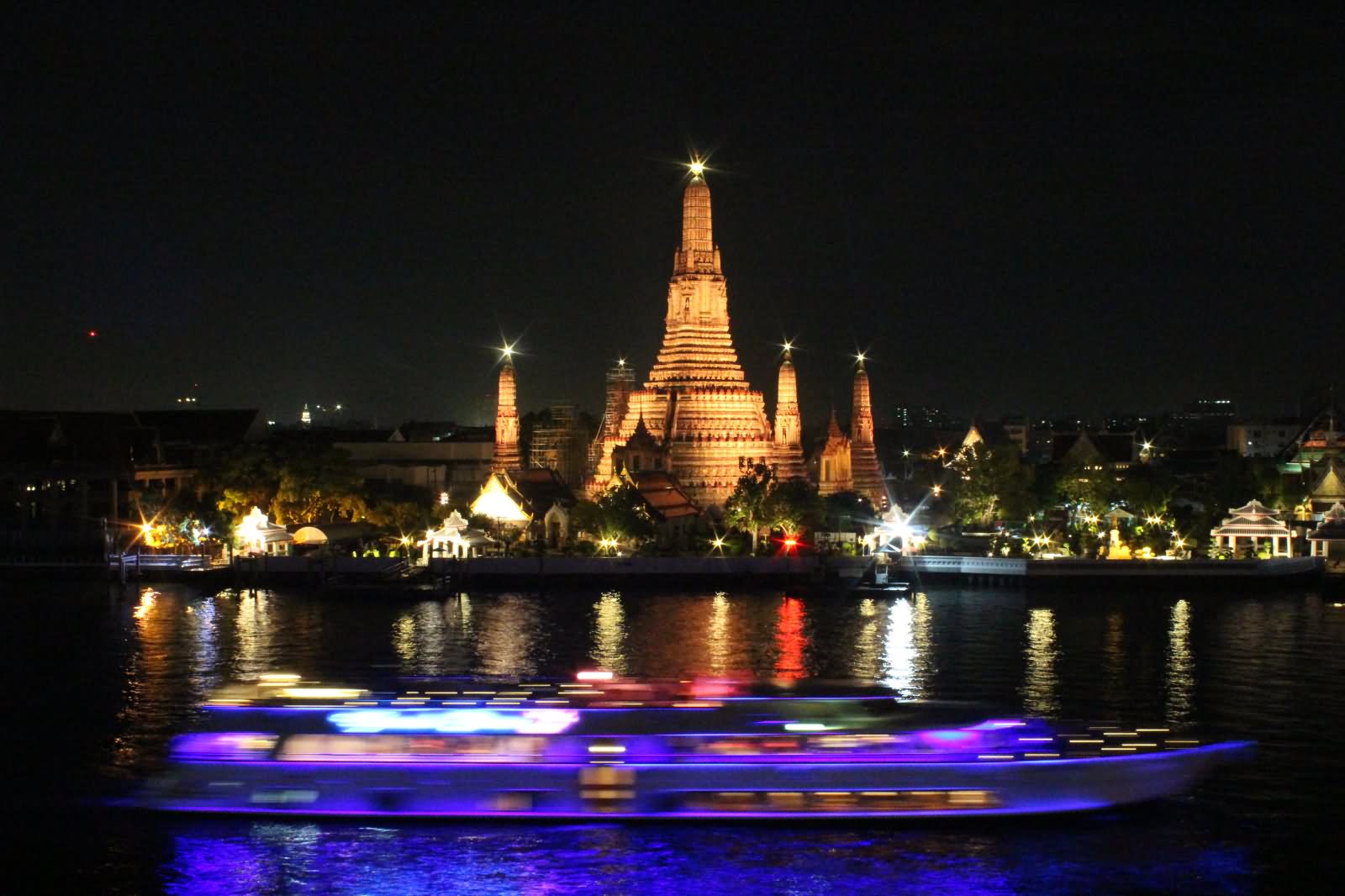 View From Across The Chao Pharaya River Of Wat Arun At Night