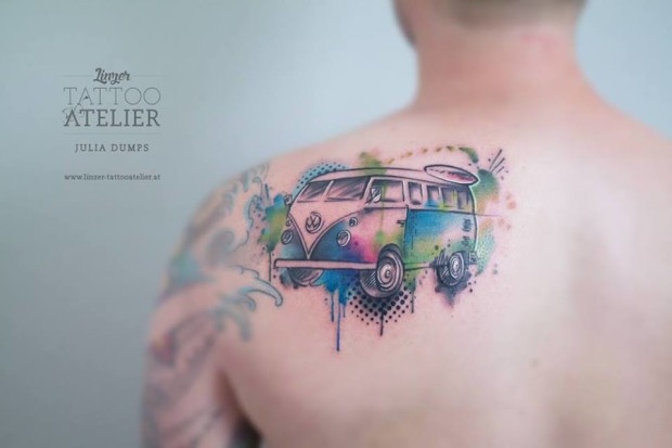 Watercolor Hippie Bus Tattoo On Man Left Back Shoulder By Julia Dumps