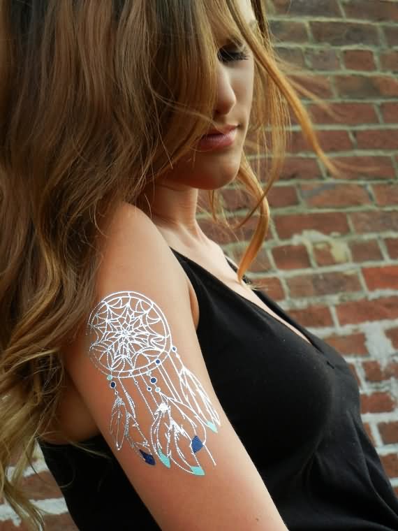 White Ink Hippie Dreamcatcher Tattoo On Girl Right Half Sleeve