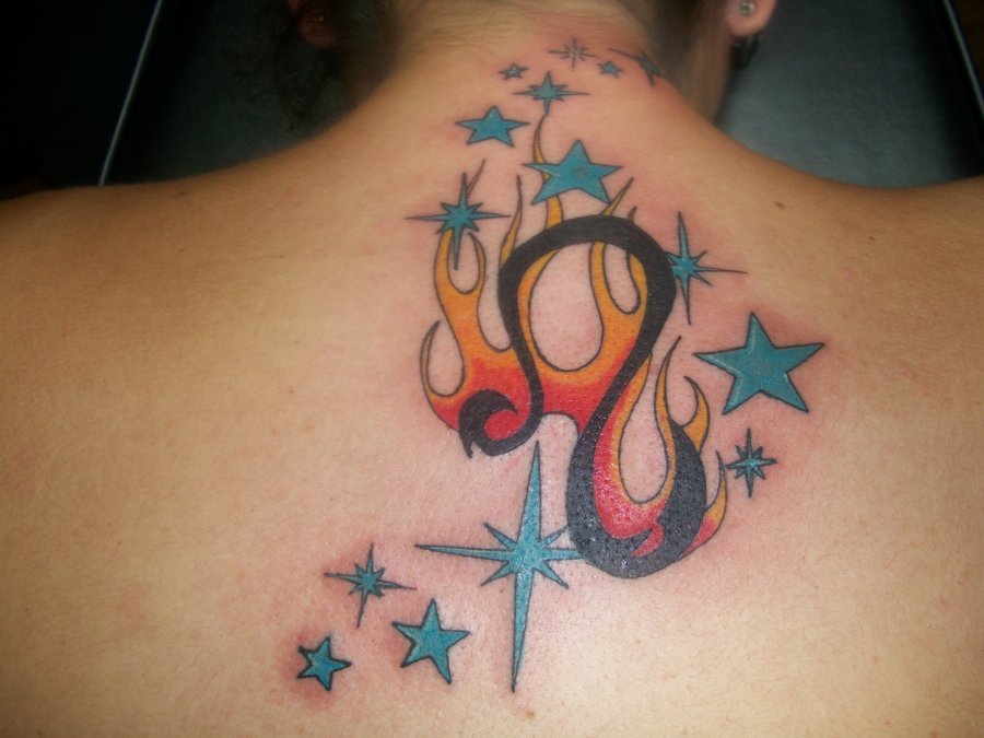 Zodiac Leo Symbol With Stars Tattoo On Upper Back By Mizz Katt