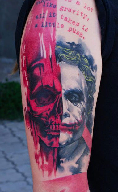 Abstract Joker Face Tattoo On Right Sleeve by A.d Pancho