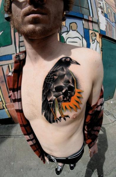 Abstract Norse Raven Tattoo On Chest