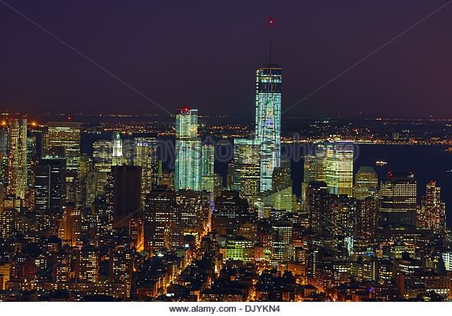 Aerial View Of Manhattan City And One World Trade Center At Night