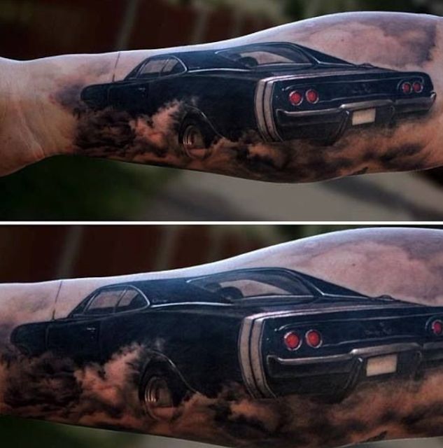 Amazing Car Tattoo on Forearm by Niki Norberg