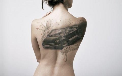 Amazing Grey Car Tattoo On Back For Girls