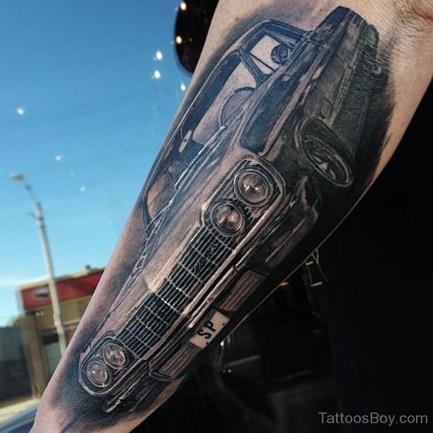 Amazing Grey Car Tattoo On Left Sleeve