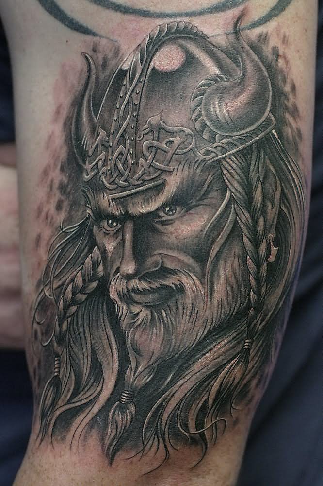 Amazing Grey Ink Scandinavian Tattoo On Left Bicep