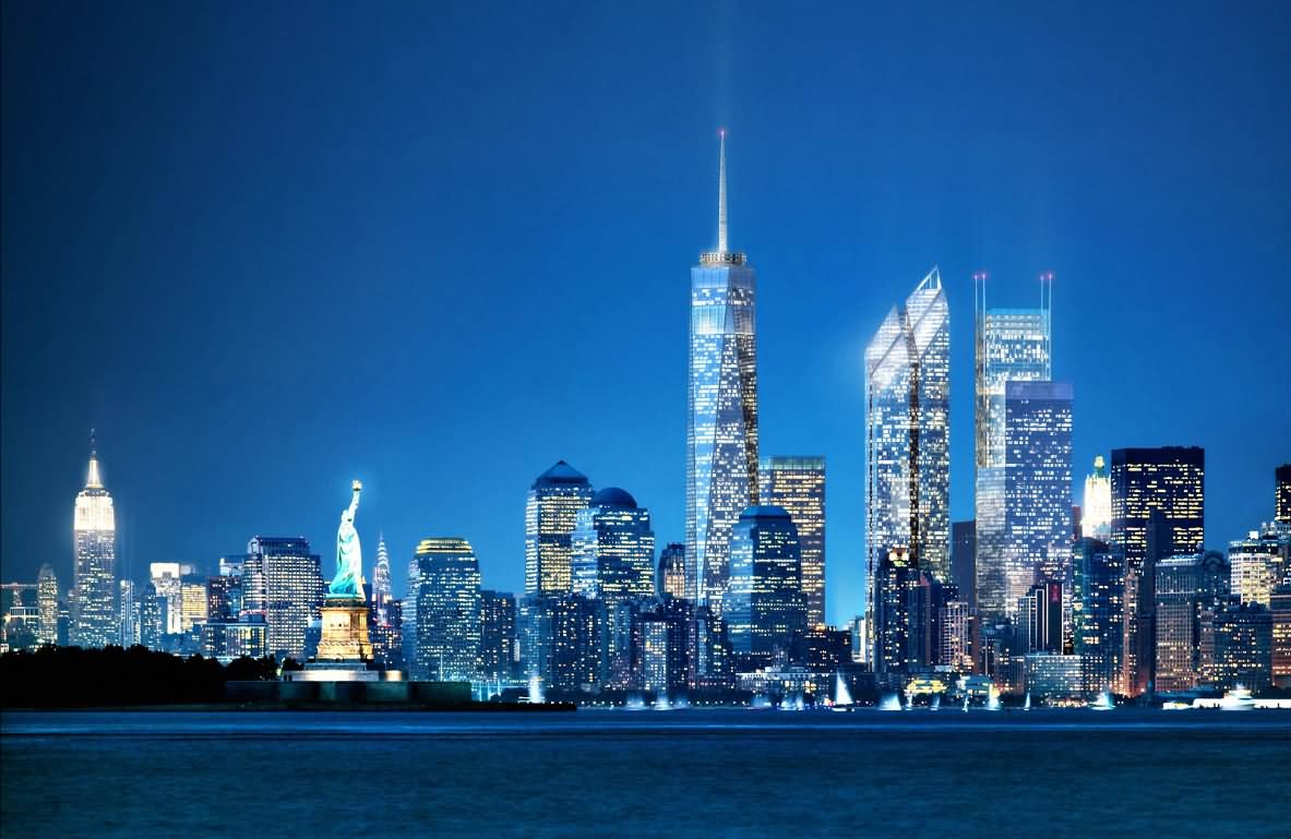 Amazing Night View Of One World Trade Center And Surrounding Buildings
