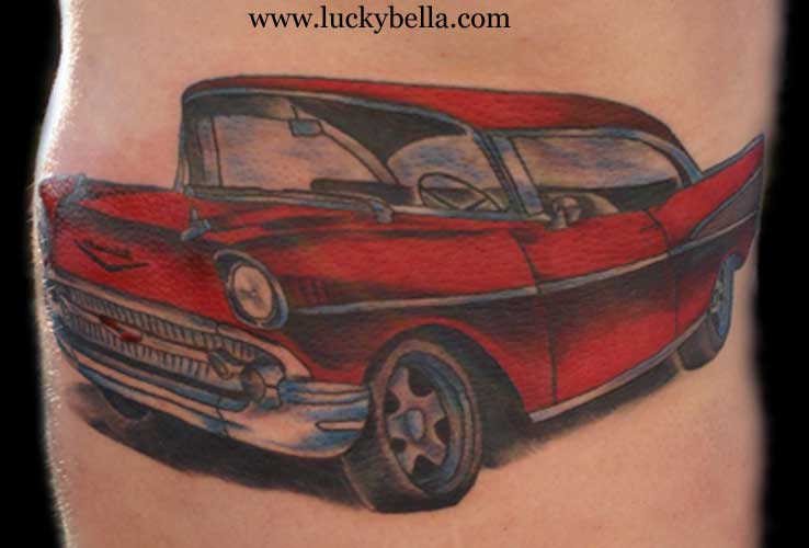 Amazing Red Car Tattoo On Leg